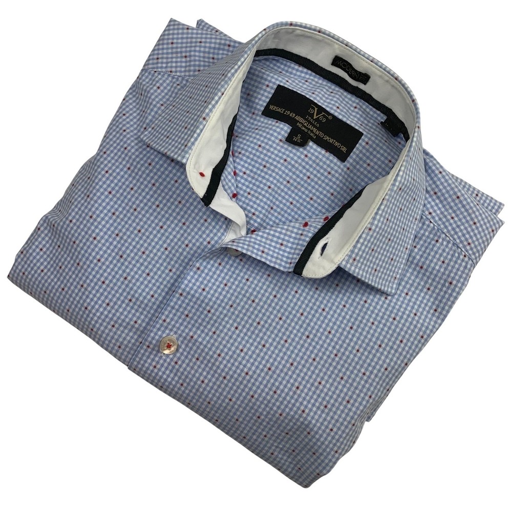 Versace 19V69 Mens Blue Gingham Red Dot Button Down Shirt Modern Fit Small 14.5